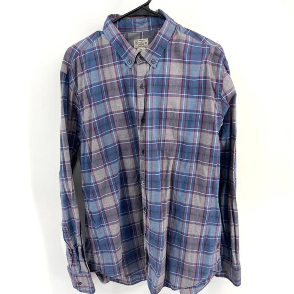 J Crew Plaid Button Down Shirt Mens XL Blue Gray Red Long Sleeve Cotton Casual